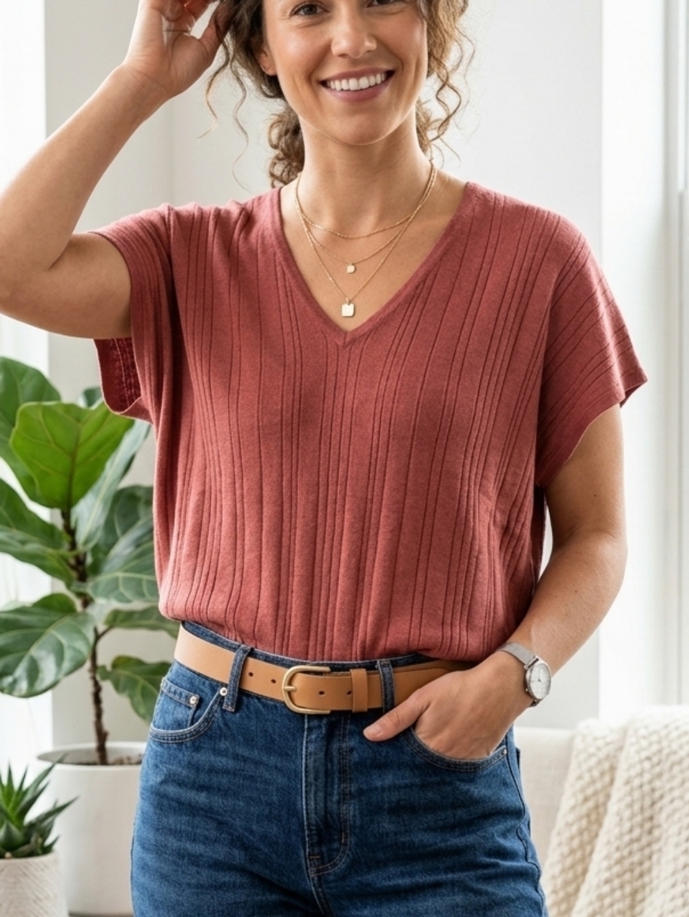 Adrianna Papell V-Neck Ribbed Knit Sweater Top - NWT